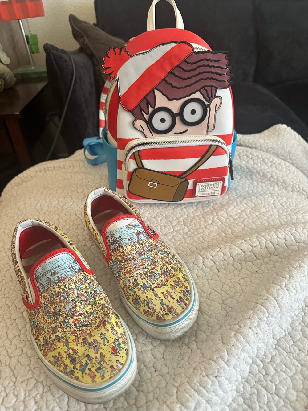 Vans where’s Waldo Slip-On Sneakers in Yellow, Red, Blue and loungefly backpack